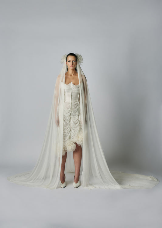 Woman wearing a white wedding dress with a long veil on a plain background